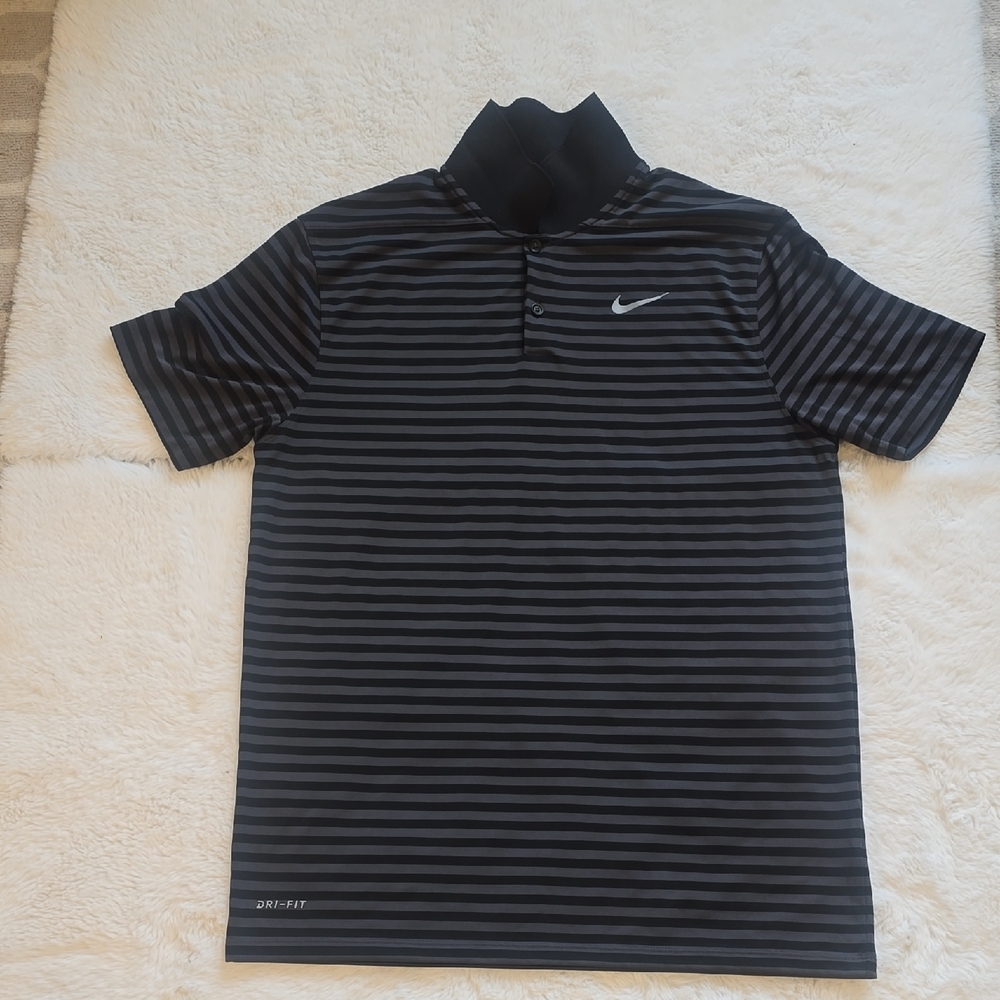 Nike Men's Black and Gray Striped Polo